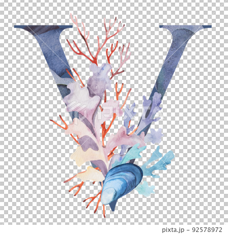 Blue capital letter V decorated with watercolor seaweeds, corals and seashells illustration. 92578972
