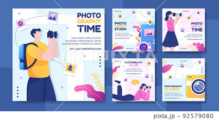 Photography Social Media Post Template Flat Cartoon Background Vector Illustration 92579080