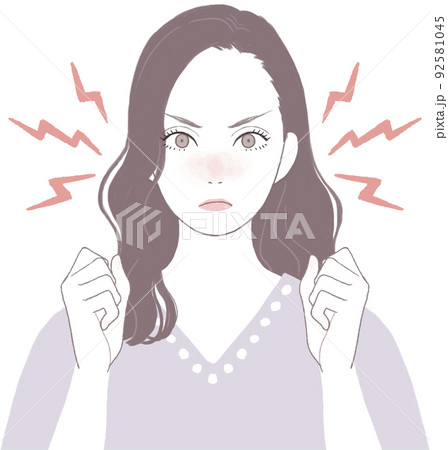 怒っているロングヘア(ウェーブ)の美人な女性 ガッツポーズver 怒っているロングヘア(ウェーブ)の美人な女性 ガッツポーズver 92581045