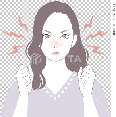 怒っているロングヘア(ウェーブ)の美人な女性 ガッツポーズver 怒っているロングヘア(ウェーブ)の美人な女性 ガッツポーズver 92581045