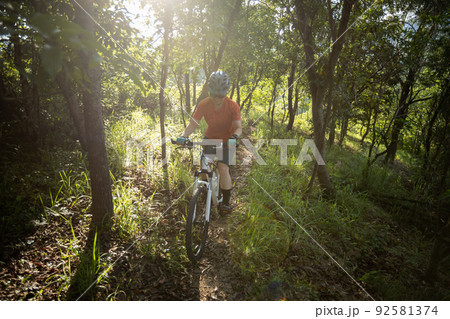 Mountain biking in summer forest Mountain biking in summer forest 92581374