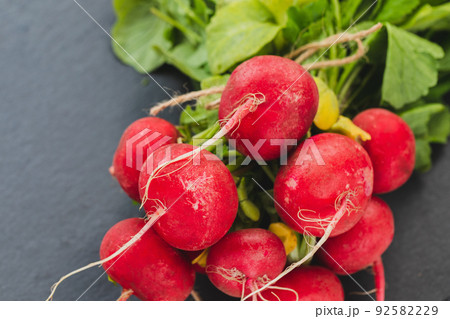 Bunch of fresh dirty organic ripe red radish with green leaves on black background. Vegetarian, vegan, raw food. Close-up, copy space Bunch of fresh dirty organic ripe red radish with green leaves on black background. Vegetarian, vegan, raw food. Close-up, copy space 92582229