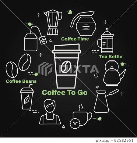 Coffee to go chalk vector banner. Linear icons of coffee and tea in circle desing on black Coffee to go chalk vector banner. Linear icons of coffee and tea in circle desing on black 92582951