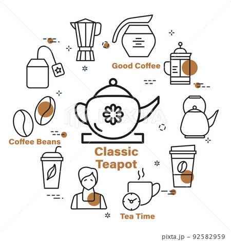 Tea and coffee minimalistic circle design. Isolated Linear icons collection in round frame 92582959