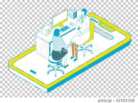 Isometric_Illustration of a woman receiving online medical care from a male doctor 92583106