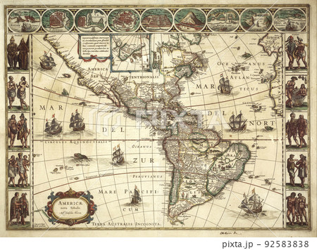 An ancient medieval map of North and South Americas by Willem Blaeu. 1617 92583838