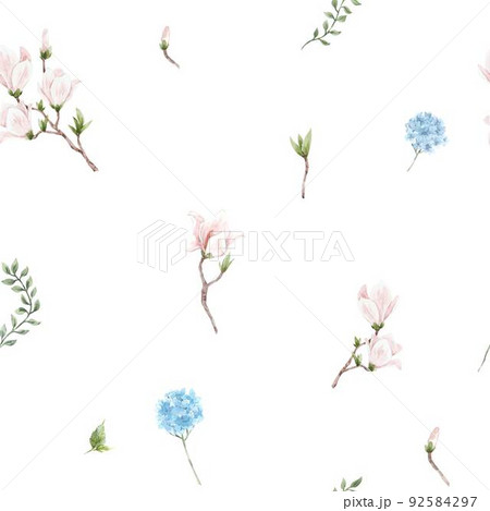 Beautiful seamless pattern with gentle watercolor hand drawn pink magnolia and blue hydrangea flowers. Wedding clip art stock illustration. Beautiful seamless pattern with gentle watercolor hand drawn pink magnolia and blue hydrangea flowers. Wedding clip art stock illustration. 92584297