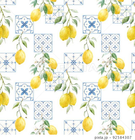 Beautiful seamless pattern in Sicilian style with hand drawn watercolor lemons and blue tiles. Stock illustration. 92584307