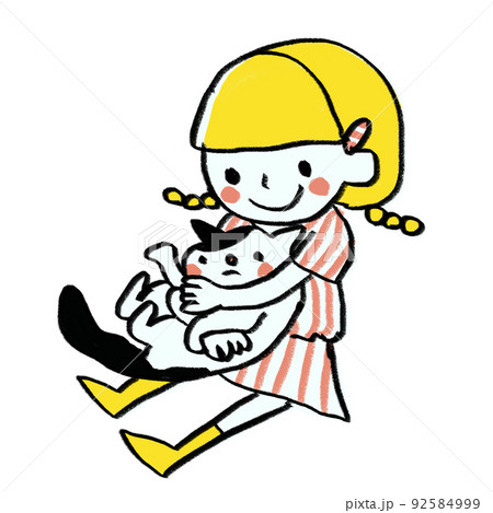 猫カフェでネコを抱く女の子と猫ちゃん 動物愛護のイラストのイラスト素材
