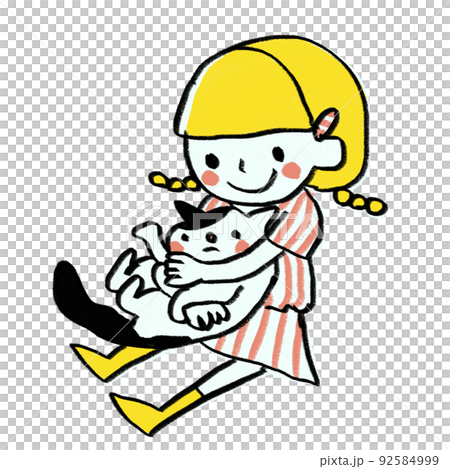 猫カフェでネコを抱く女の子と猫ちゃん、動物愛護のイラストのイラスト