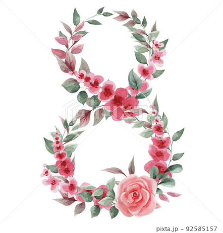 Numeral 8, isolated on a white background, decorated with tender pink roses, red flowers and green leaves. International Women's Day. Great for postcards, congratulations, invitations, gifts, booklet 92585157
