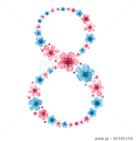 Spring illustration of number 8 for womens day from pink and blue flowers. International Women's Day. Great for postcards, congratulations, invitations, gifts, booklets, brochures, etc 92585158