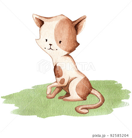 A cat sitting on the grass. Illustration in watercolor style is suitable for design, decor, clothing design, tertration, fabrics, utensils, things, etc A cat sitting on the grass. Illustration in watercolor style is suitable for design, decor, clothing design, tertration, fabrics, utensils, things, etc 92585204