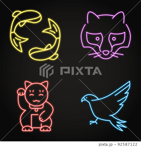 Japan traditional symbols neon icon set Japan traditional symbols neon icon set 92587122