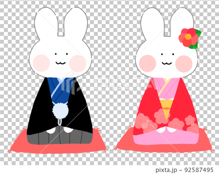 一隻兔子坐在和服的插圖 92587495