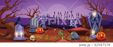 Halloween graveyard background, spooky holiday cemetery landscape, stone cross ancient graves. Halloween graveyard background, spooky holiday cemetery landscape, stone cross ancient graves. 92587578