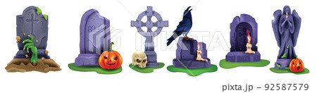 Halloween tombstone vector set, creepy gravestone cross, spooky cemetery grave, zombie hand crow. Halloween tombstone vector set, creepy gravestone cross, spooky cemetery grave, zombie hand crow. 92587579