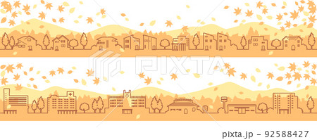 シンプルでかわいい秋の街並みのイラスト(線画) シンプルでかわいい秋の街並みのイラスト(線画) 92588427