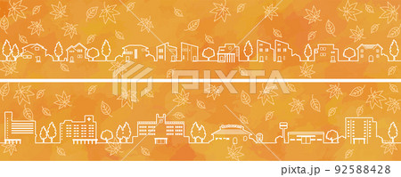 シンプルでかわいい秋の街並みのイラスト(線画) シンプルでかわいい秋の街並みのイラスト(線画) 92588428
