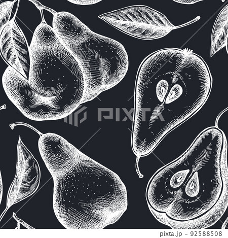 Fruits seamless pattern background design. Engraved style. Hand drawn pears. 92588508