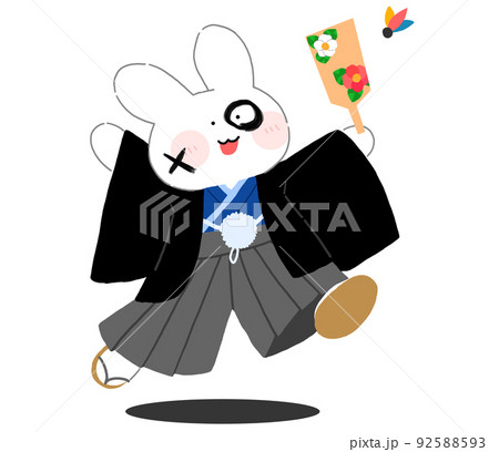 羽子板で遊ぶうさぎのイラスト 顔に落書き付きのイラスト素材