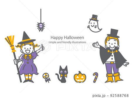 お洒落でかわいい線画のハロウィンイラストセット 92588768