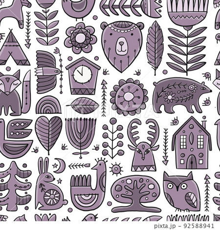 Nordic Ornament. Forest Animals, Folk Background. Seamless pattern for your design Nordic Ornament. Forest Animals, Folk Background. Seamless pattern for your design 92588941