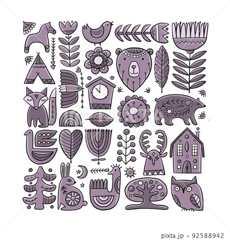 Card Design with Nordic Ornament. Forest Animals, Folk Background 92588942