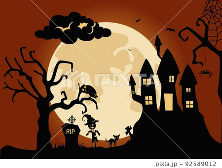 Halloween background with haunted house in the full moon Halloween background with haunted house in the full moon 92589012