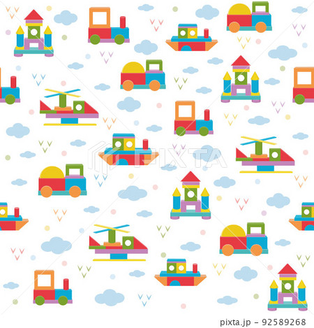 Transport pattern made of colored wooden cubes, vector isolated illustration in flat style Transport pattern made of colored wooden cubes, vector isolated illustration in flat style 92589268