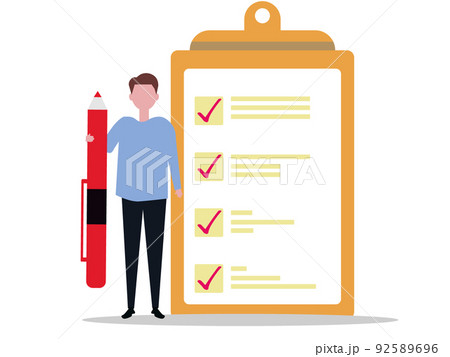 チェックリストと男性 アンケートに答える チェックボックス 埋める バインダー 人物 イラス チェックリストと男性 アンケートに答える チェックボックス 埋める バインダー 人物 イラス 92589696
