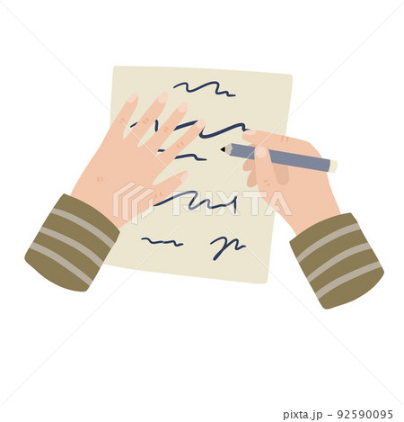 Person writes letter. Hand holding page with greeting. Cute illustration of postcrossing. Handmade paper. Person writes letter. Hand holding page with greeting. Cute illustration of postcrossing. Handmade paper. 92590095