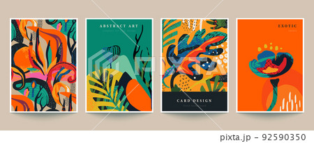 Set of four vector pre-made cards or posters in modern abstract style with nature motifs, flowers, leaves and hand drawn texture. 92590350