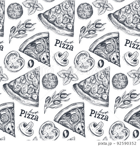 Vector seamless pattern with hand drawn vector pizza slices and ingredients in sketch style. Traditional Italian food. 92590352