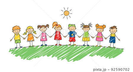 Funny kids holding hands. Happy doodle children. Friendship concept. Vector illustration in hand drawn style 92590702