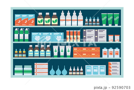 Pharmacy shelves with medicines, tablets, ointments, vitamins and antibiotics. Store shelf with medicines. Vector illustration on white background 92590703