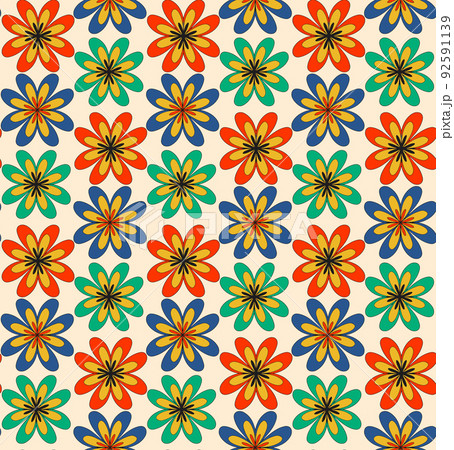 Boho retro 70s pattern . Floral vintage seamless texture. Hippie flower power retro textile print 92591139
