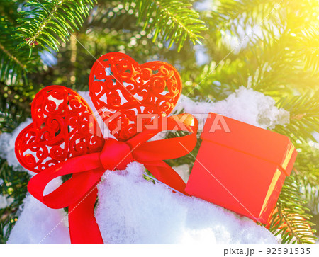 Valentine greeting card for Valentine's day, Christmas or new year with two red hearts tied with a red ribbon and a red gift box on the branches of the Christmas tree in the sunlight 92591535