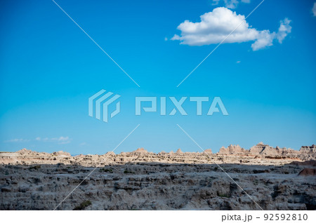 Panoramic of open expanse of the Badlands National Park in South Dakota.  92592810