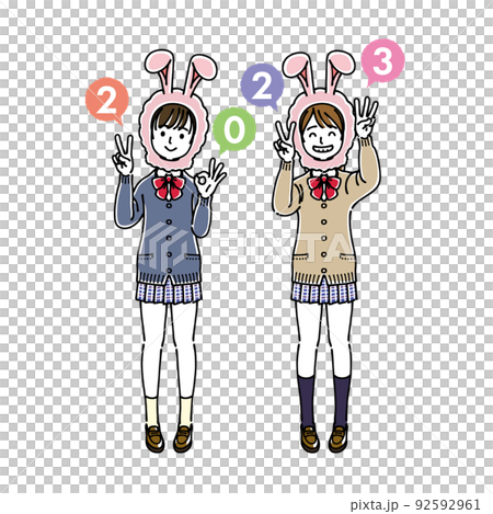 うさぎのかぶりものをかぶって指で「2023」を作る女子高生二人組 92592961
