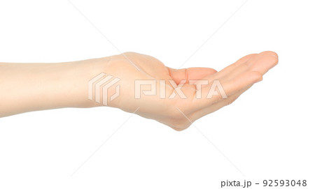 Woman hand shows virtual holding something, on white background 92593048