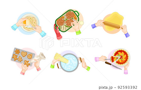 Top view of hands cooking tasty dishes set. Hands cooking pasta, rolling dough, glazing cookies vector illustration 92593392