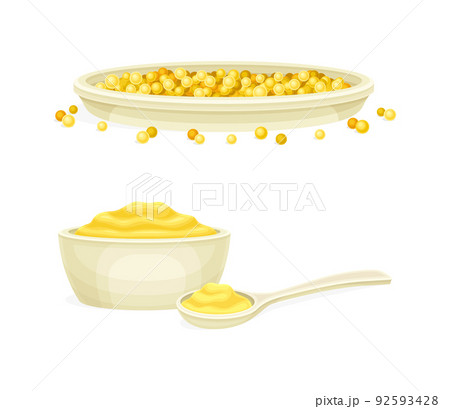 Mustard Yellow Seeds Piled in Bowl and Cooked Paste or Sauce Vector Set 92593428