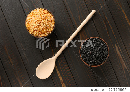Fresh organic natural beans and peas on wooden rustic black background 92596862