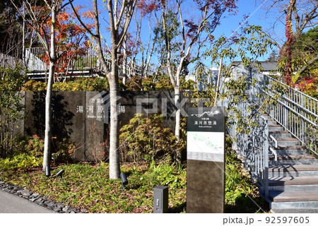湯河原町　万葉公園湯河原惣湯案内板と紅葉 92597605