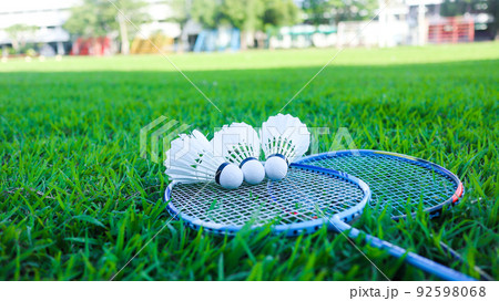 Badminton shuttlecocks on blue raquettes are on green field 92598068