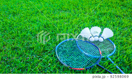 Badminton shuttlecocks on blue raquettes are on green field 92598069