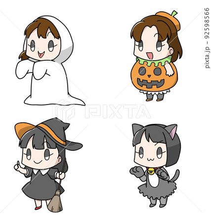 ハロウィンの仮装をする女の子4パターンのイラスト素材