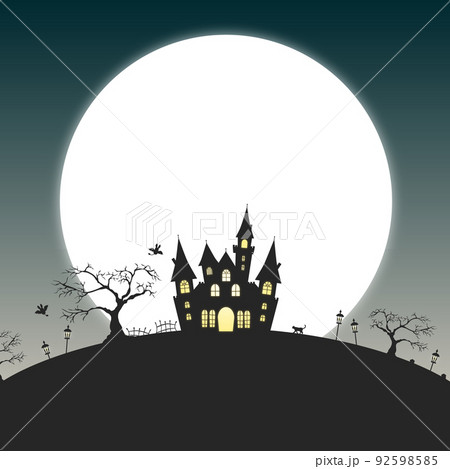 月とお屋敷のハロウィンな背景 夜 正方形のイラスト素材