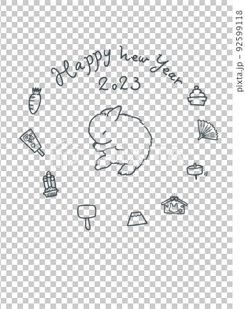 簡單的兔子和新年素材圖標（黑白、圓形） 92599118